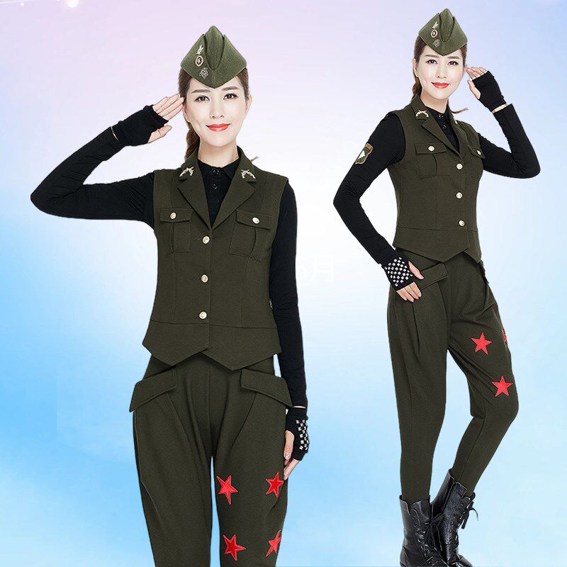 水兵舞服装新款女l套装演出服军绿马甲团队舞台演出服广场舞哈伦