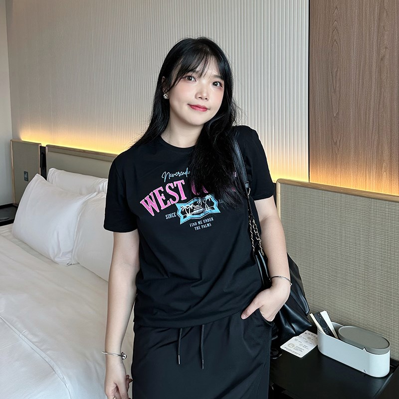 大码女装短袖夏季新n款纯棉宽松休闲女胖mm显瘦正肩简约T恤上衣