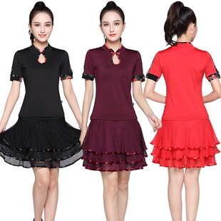 夏季广场舞服装新款套装短袖成人女跳舞衣服O牛奶丝套裙练功演出