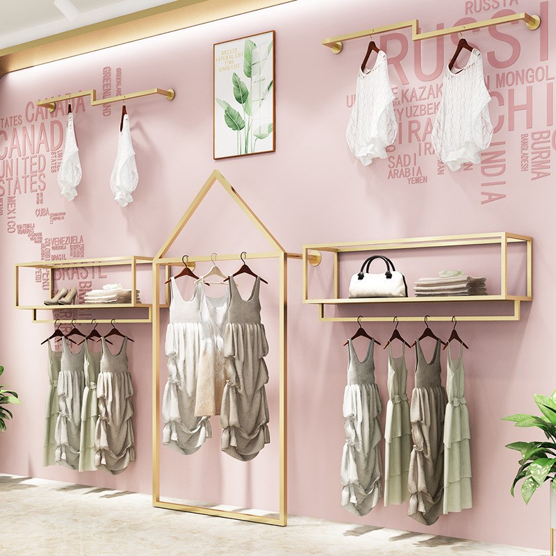 服装上墙展示架简约金色挂衣服货架女装童装铁艺服装架陈列架组合