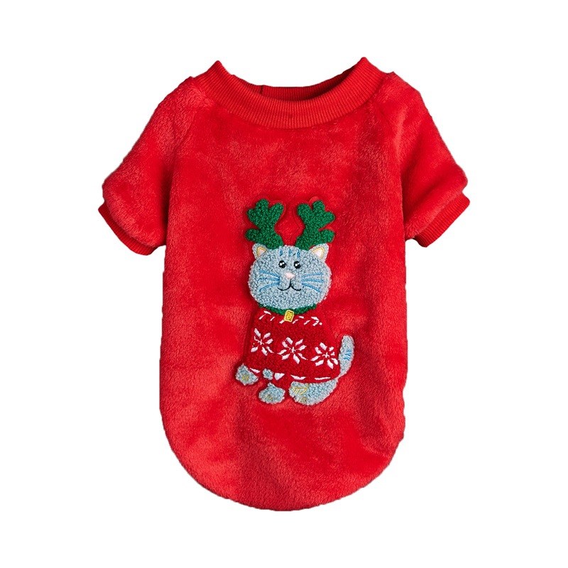 圣诞节新款保暖舒适时尚圆领螺纹圣诞绣花狗狗猫咪图案宠物绒衣