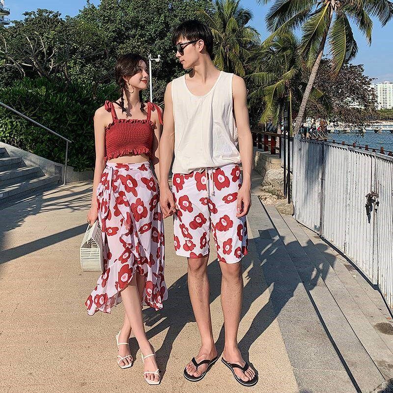 夏季分体三件套情侣泳衣女沙滩长裙男士泳裤抹P胸聚拢Y保守度假泳