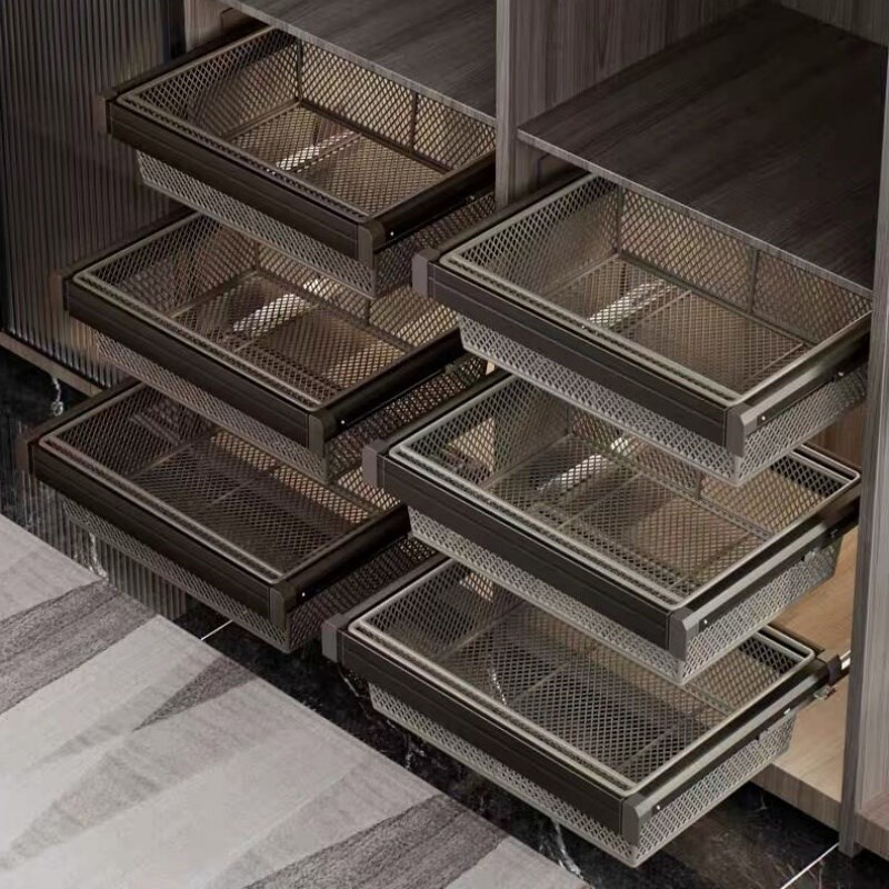 衣柜拉篮抽屉式抽拉篮衣帽间家用伸缩滑轨裤架内置储物篮密网拉篮