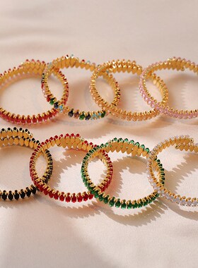 手镯女 日韩风时尚简约满钻彩色锆石椭圆开口时尚个性手环饰品女