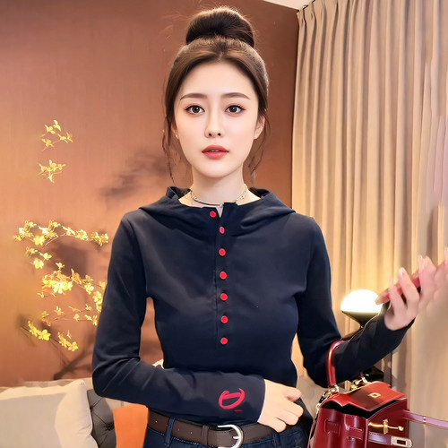 欧货早秋2024新款半开扣时尚连帽卫衣T恤女百搭修身长袖打底上衣