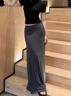 灰色半身裙女夏季k2025新款高腰显瘦a字长裙子垂感开叉包臀一步裙