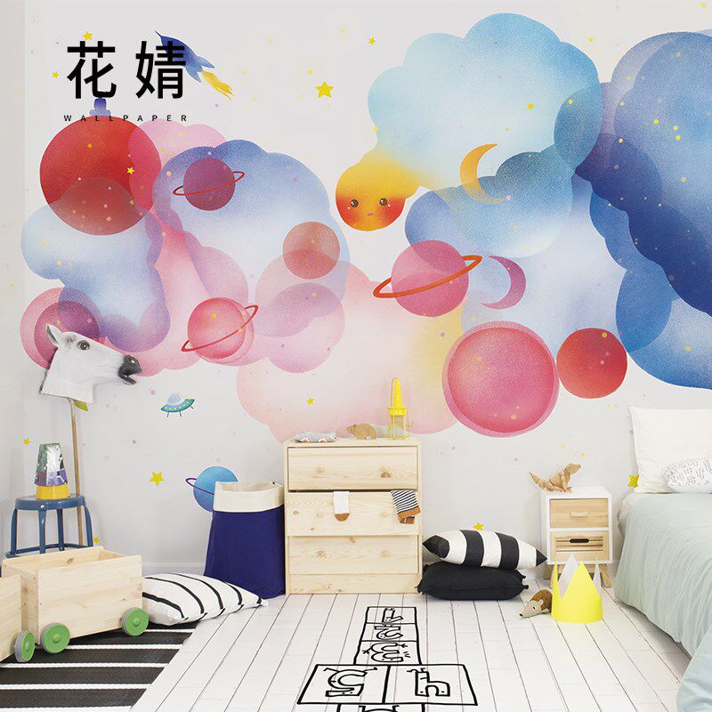 北欧儿童房墙纸墙布男p孩女孩卧室背景墙壁纸手绘太空星球定制壁