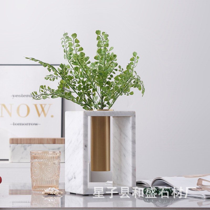现代简约大理石花瓶不锈钢创意摆件客厅干花器皿玄关酒柜装饰品