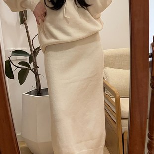 半裙 桑女士秋冬学院休闲宽松毛衣套装 女连帽J针织衫 上衣 中长款