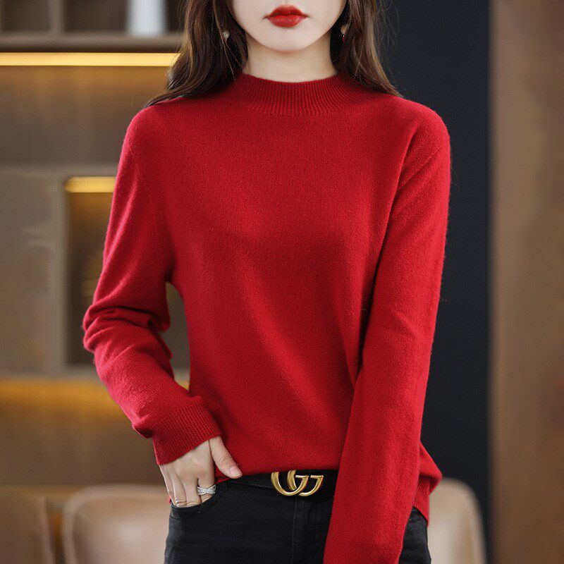 秋冬新款羊绒衫女半高领短款加厚打底毛衣套头宽松羊毛针织衫