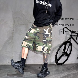 休闲直筒马裤 男OOTD潮牌阔腿过膝五分裤 短裤 日系复古宽松迷彩工装