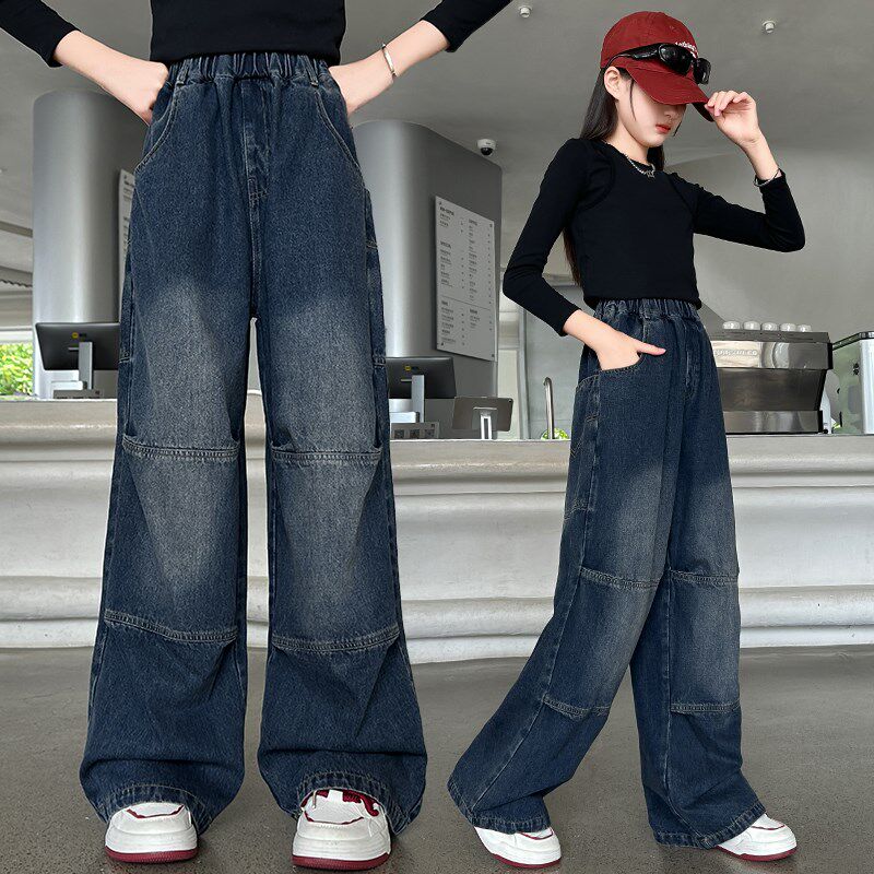 女童牛仔裤秋装2024新款大童儿童裤子秋季N直筒阔腿裤春秋款拖地