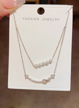 微笑半双层珍珠项链女简约冷淡风颈链韩式气质小众设计感锁骨链女