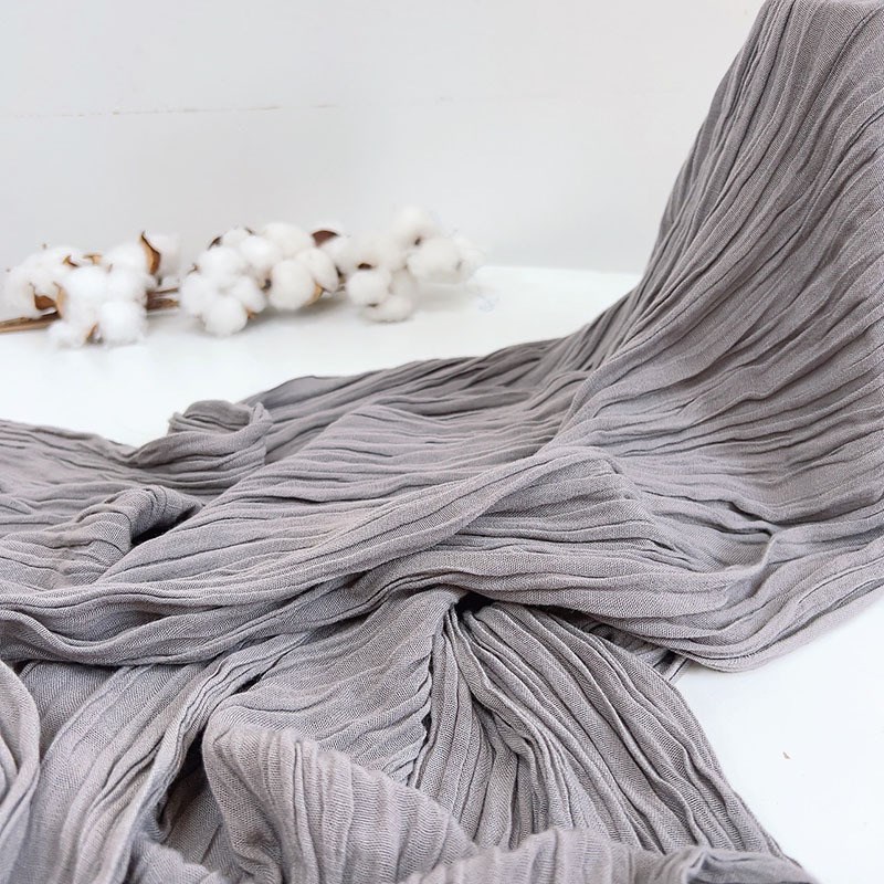 2022春夏新款纯色棉褶皱围巾女百搭复古护颈装饰细长围脖丝巾披肩