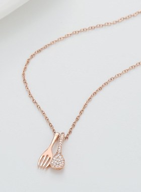 韩版时尚新款微镶锆石汤勺叉子项链女小众设计餐具锁骨链项饰