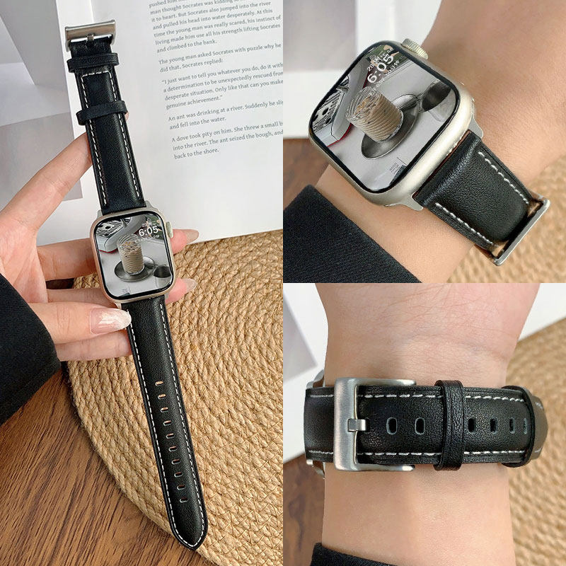 适用苹果S11/S10手表表带尖尾皮质iwatch10秋冬新款applewatch9针扣S8腕带Ultra3/2女款SE运动6男7创意高级感