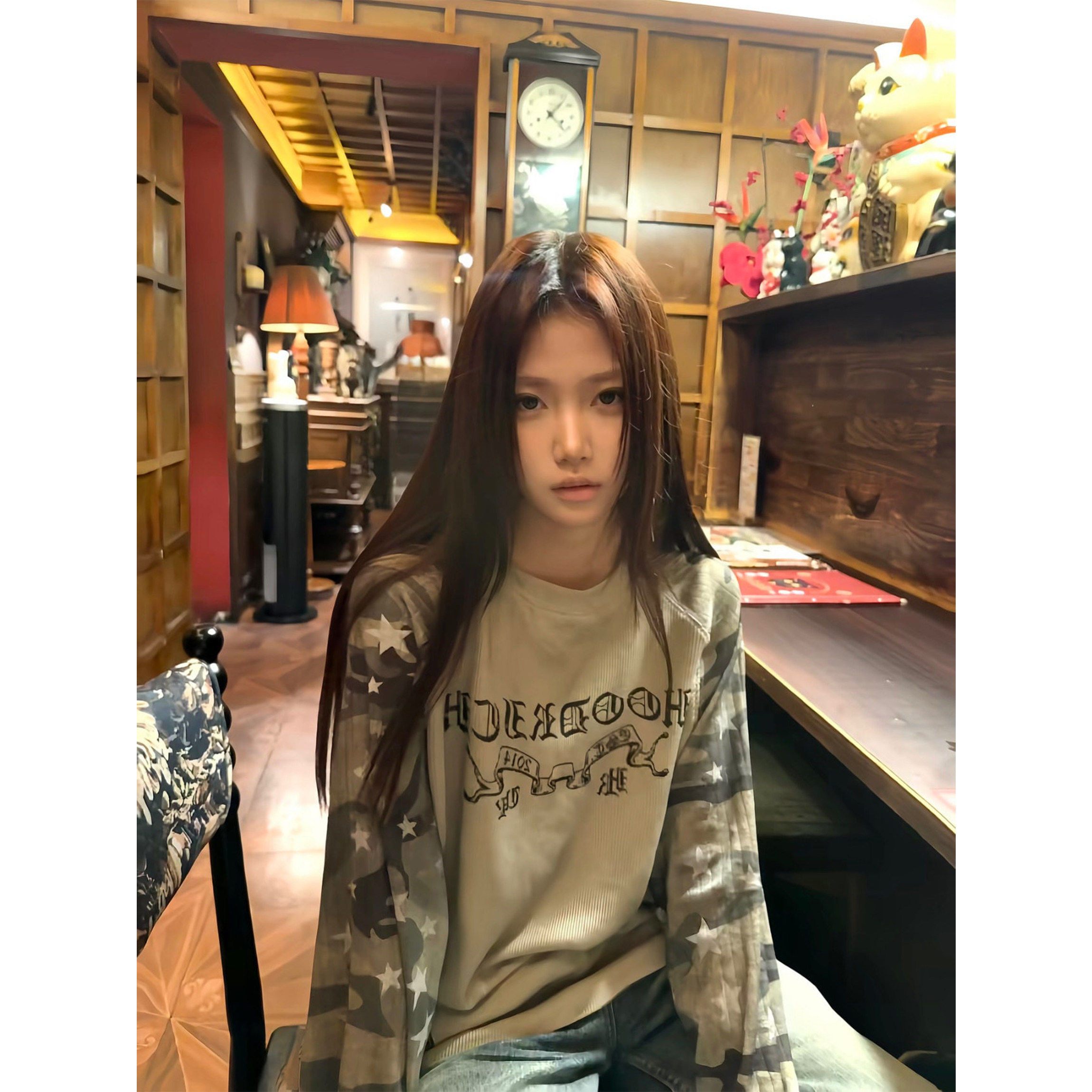 美式迷彩字母印花长袖T恤