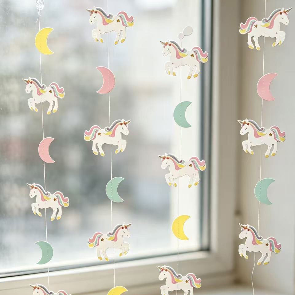 梦幻独角兽星星月亮彩色拉花背景装饰公主宝宝派对房间氛围布置品