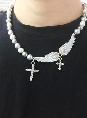 国潮珍珠十字架天使之翼翅膀项链小众设计不规则拼接男女锁骨颈链