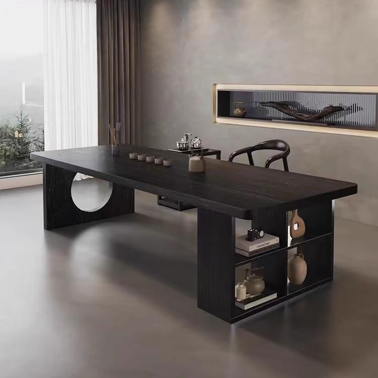 意式极简风实木电脑书桌黑色长条大板桌老板办公会议桌储物工作台