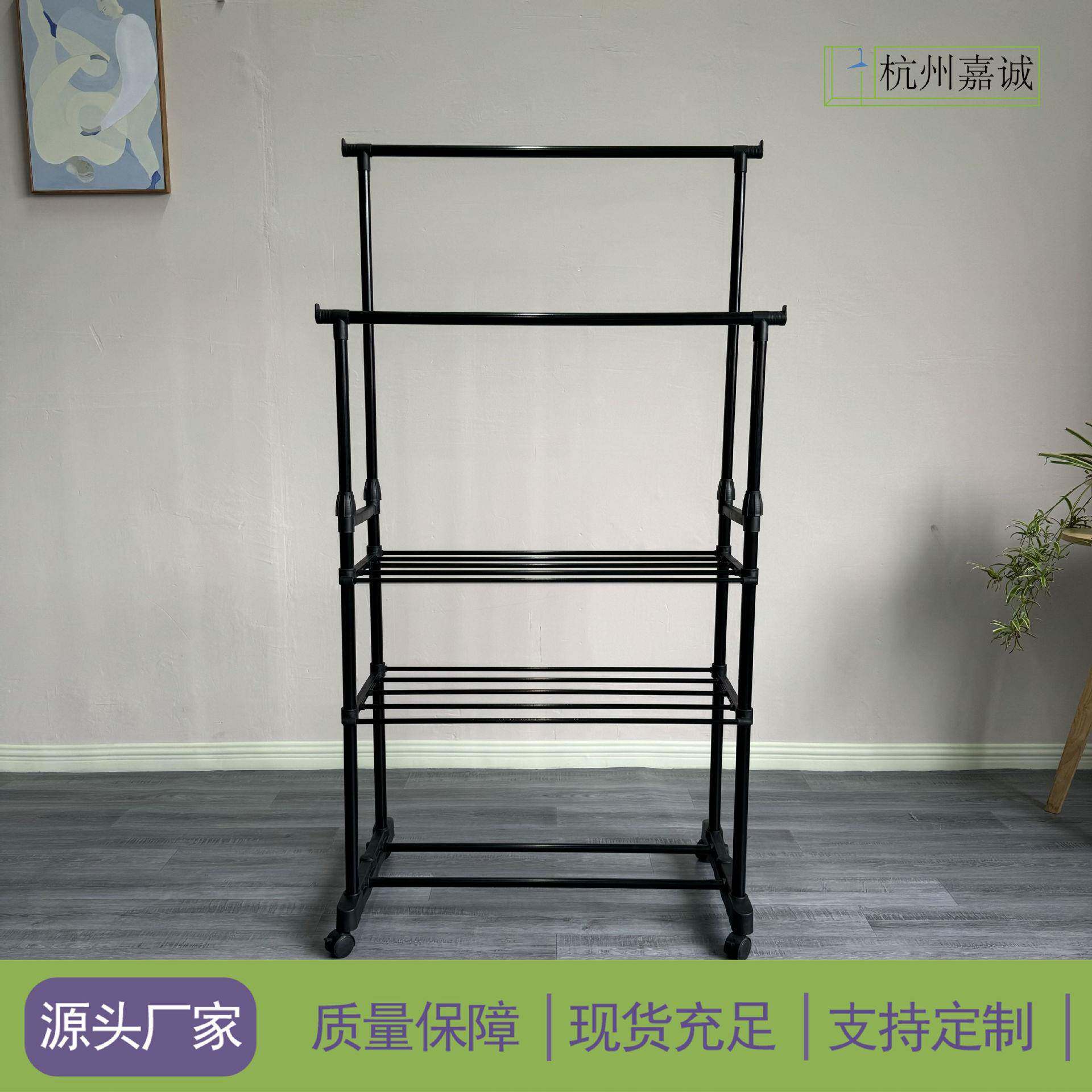 外贸简易晾衣架可滑轮滚动双杆式晒衣架落地伸缩衣架挂衣架