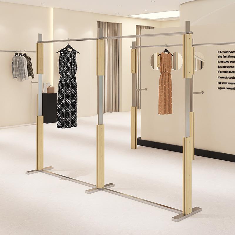 服装店展示架木质不锈钢创意货架壁挂式上墙陈列挂衣杆落地式衣架