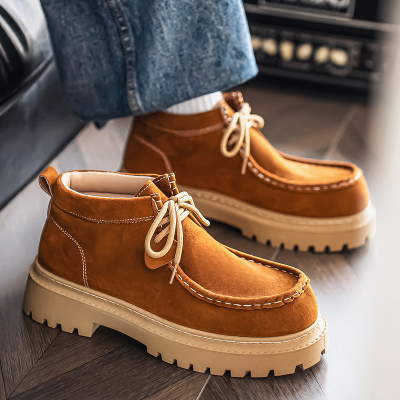 马丁靴男2025新款冬季中帮厚底棕色短靴男士翻毛皮美式复古工装靴