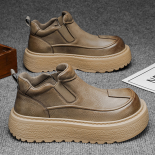 英伦风复古马丁靴男款2025冬季新款棕色短靴一脚蹬低帮切尔西靴子