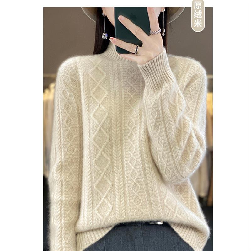 女半高领宽松加厚秋冬季绞花针织打底毛衣慵懒设计感上衣宽松