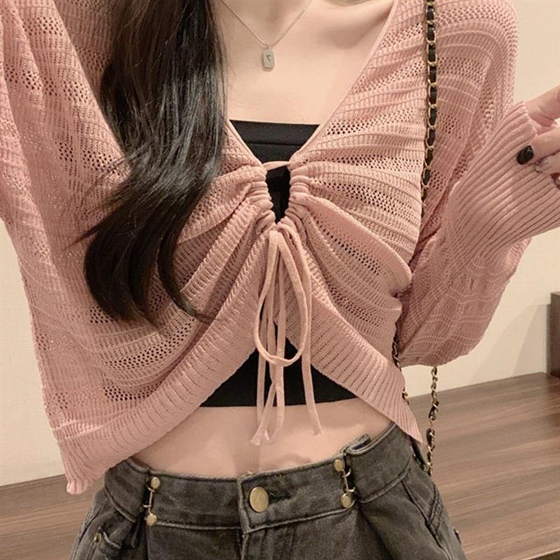 粉红色正反两穿镂空抽绳针织防晒开衫女夏季薄款小吊带外搭罩衫