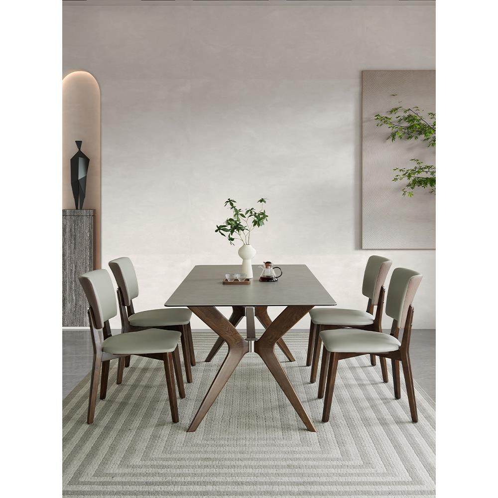 实木岩板餐桌椅组合现代简约小户型长方形实木饭桌黑胡桃木色餐桌