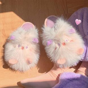 细细条 棉拖鞋女秋冬季居家保暖可爱少女心粉色小怪兽毛毛月子鞋