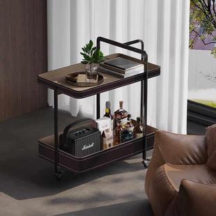 新款 极简双层小茶几简约轻奢高级马鞍皮可移动边几小推车黑钛 意式