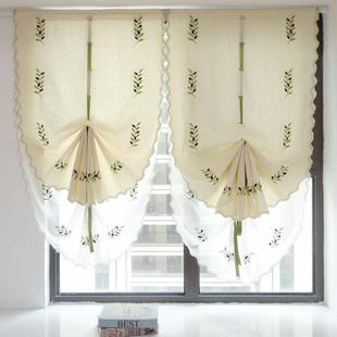 新款橄榄刺绣卷拉帘提拉帘扇形小窗户短窗帘厨房魔术贴隔断窗门帘