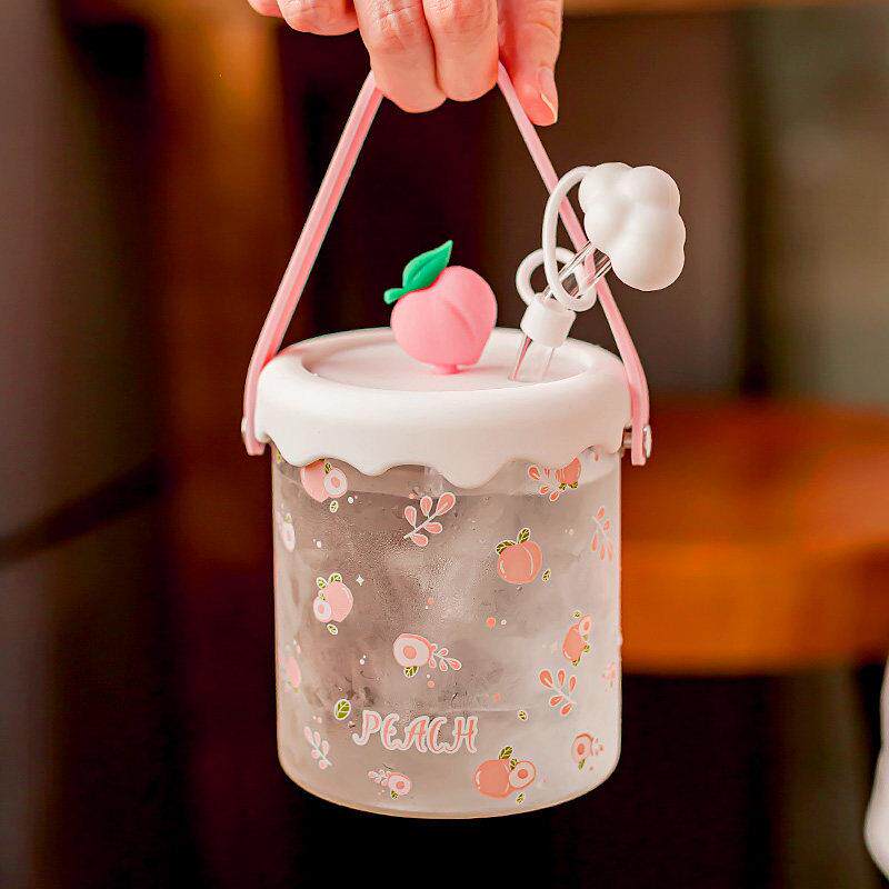 小清新提手玻璃杯高颜值夏季吸管水杯可爱女生可携式大容量刻度杯