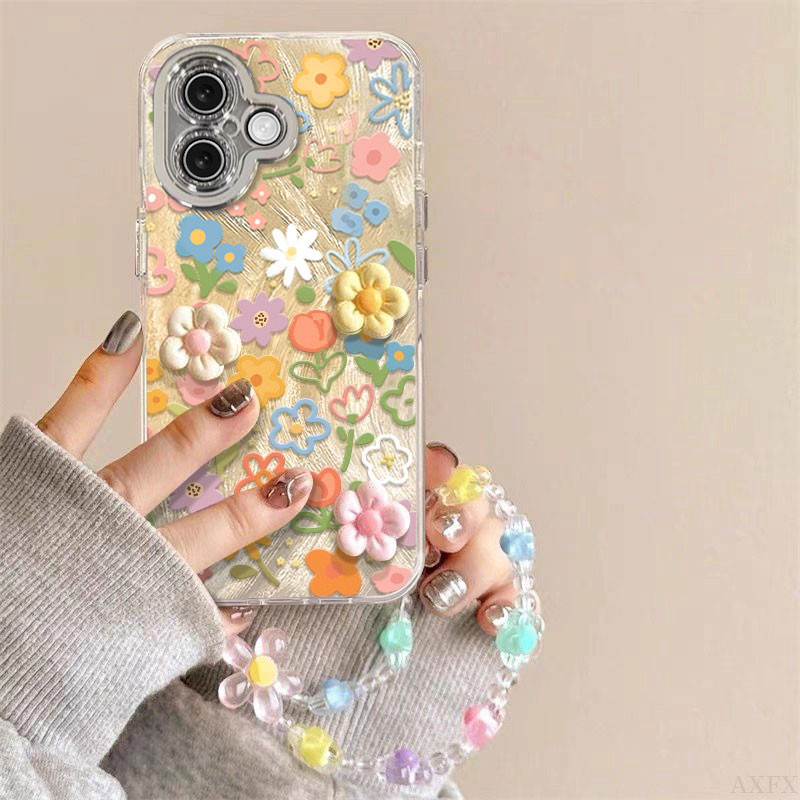 适用iPhone16手机壳15Promax涂鸦花朵14Pro女新款13带手链12镜头膜11高级感苹果X全包Xs防摔8plus时尚爆款7/6