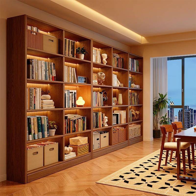 全实木书柜一体整墙一面墙书架落地胡桃木色客厅展示柜收纳储物柜