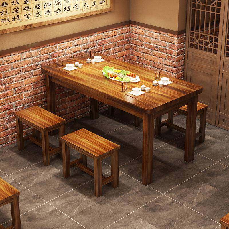 实木碳化桌饭店桌椅组合快餐小吃店烧烤桌子面馆长条桌碳化木桌椅