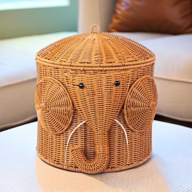储物创意大象收纳桶仿藤手工编织儿童玩具衣服收纳筐客厅装饰摆件