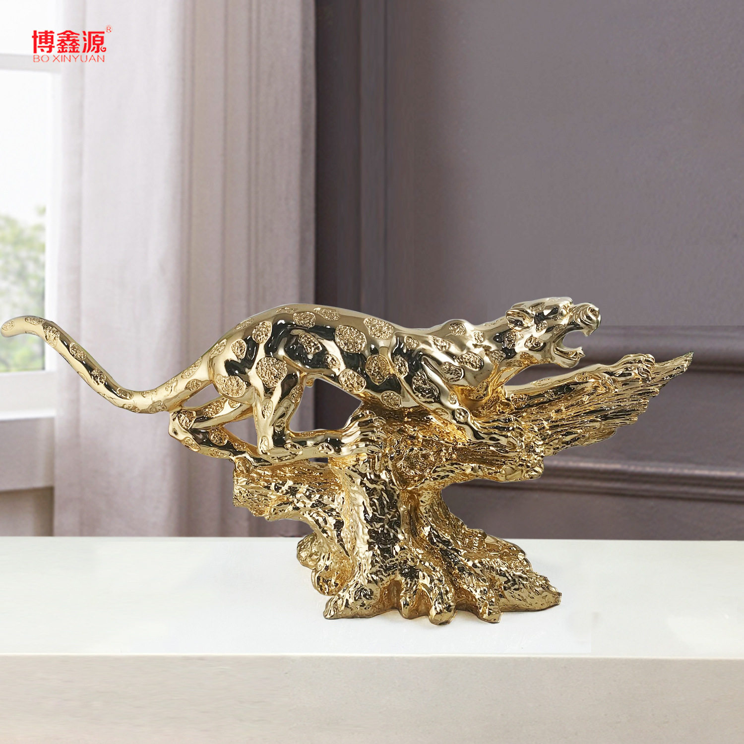 树脂电镀工艺品75CM长金钱豹摆件欧式家居电视柜办公室桌面饰品