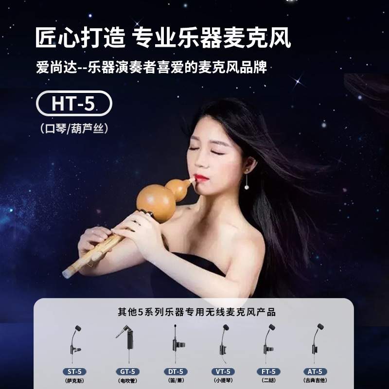 爱尚达HT-5口琴葫芦丝专用无线麦克风充电50米演出话筒电容收音