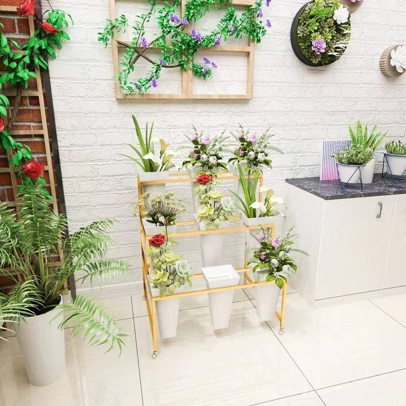 鲜花展示架货架鲜花桶架金色铁艺可移动花架带万向轮置物架摆摊鲜