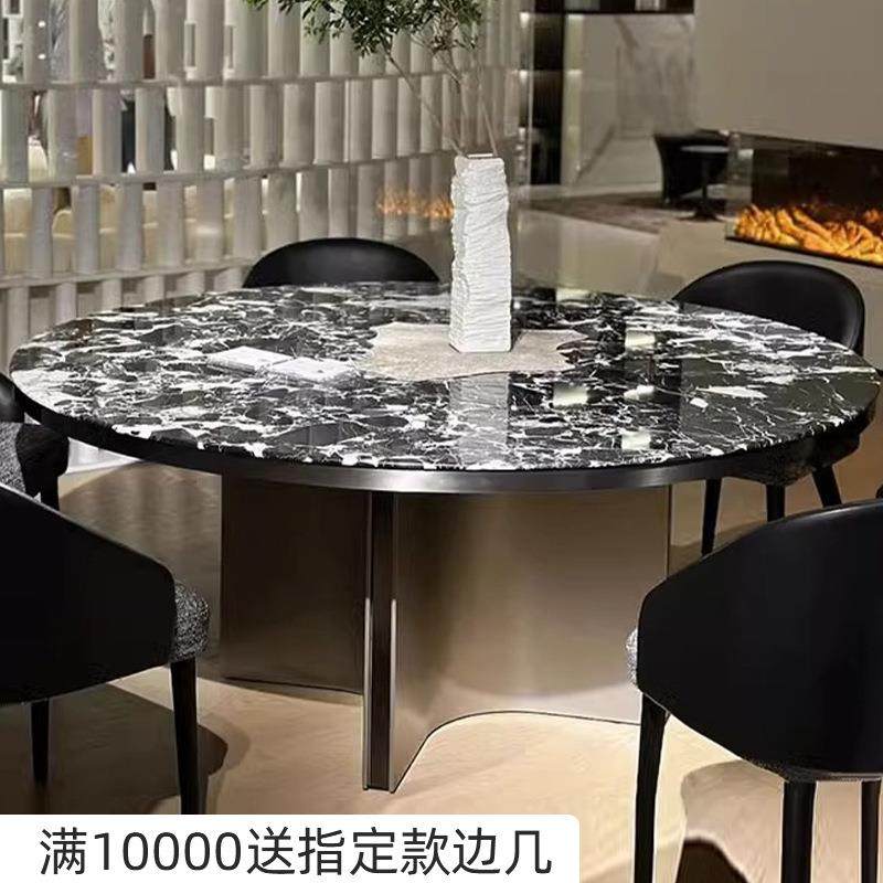 家用客厅高档圆形带转盘圆桌极简天然奢石饭桌意式轻奢大理石餐桌