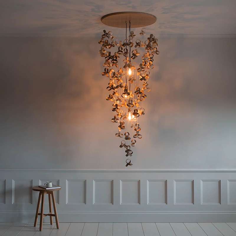 复古个性创意木皮吊灯复式住宅楼梯别墅客厅卧室餐厅前台木艺吊灯