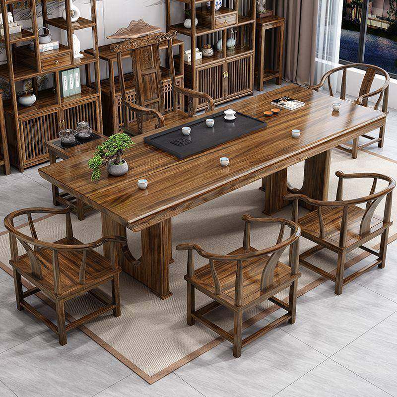 中式泡茶一整套茶台乌金实木大板桌椅组合办公室茶几家用一体茶桌