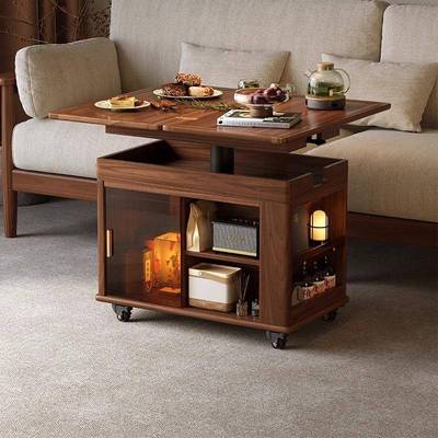 中古风移动茶几小推车客厅沙发升降边几家用可折叠胡桃木实木