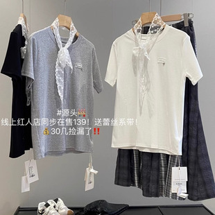 广州南城E念家！韩系气质百搭配丝巾蕾丝圆领纯棉短袖T恤衫女上衣