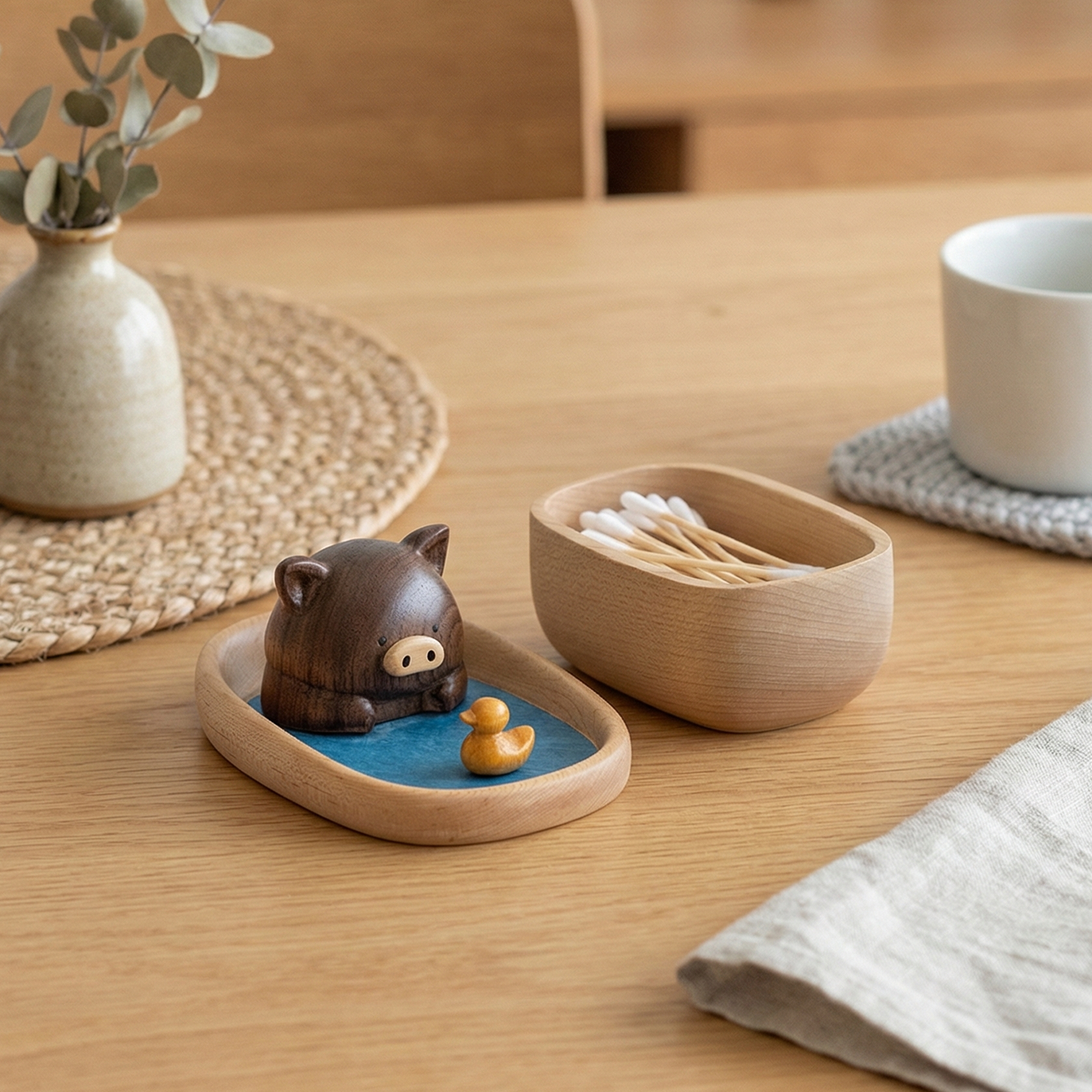 爱洗澡的猪牙签盒棉签盒牙线盒可爱卡通实木桌面收纳盒首饰盒刻字,收纳整理,牙签盒,淘宝优惠券,粉丝福利购,淘宝优惠卷