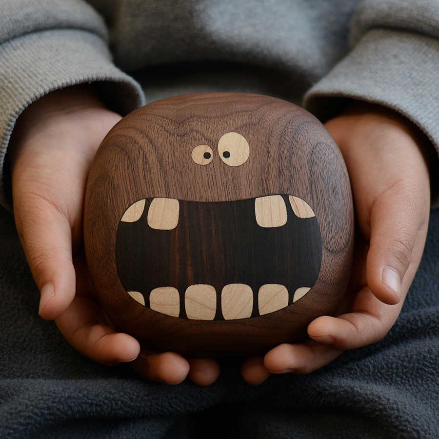 创意可爱小怪兽实木黑胡桃木质乳牙盒儿童牙齿收纳盒生日礼品