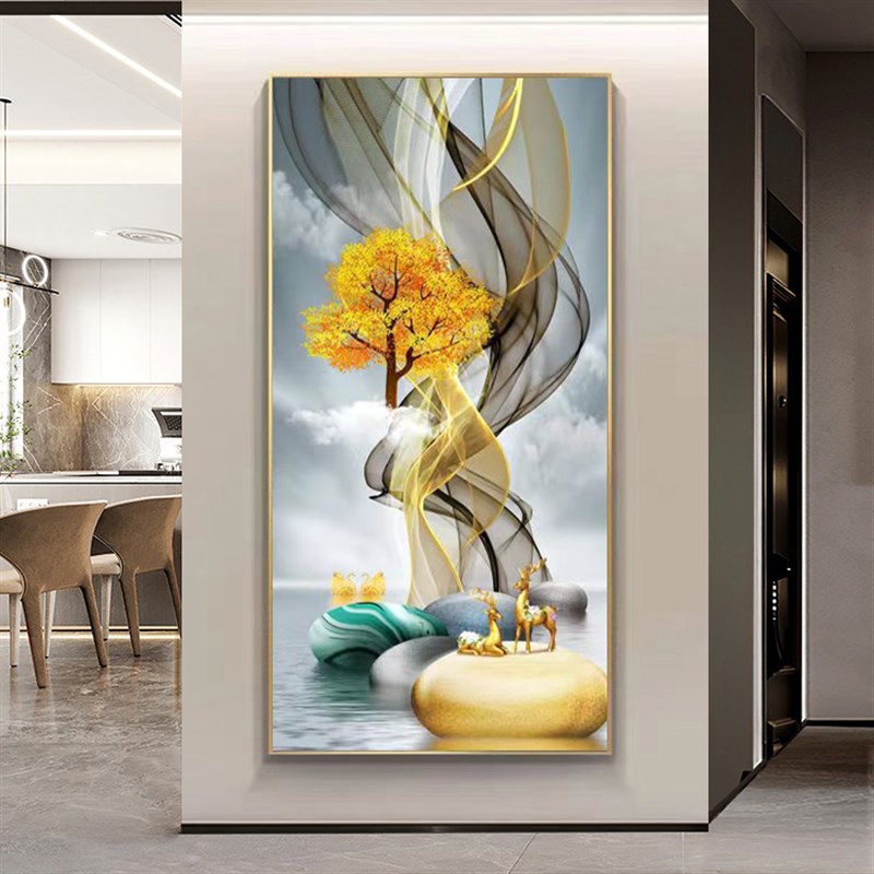 玄关装饰画轻奢现代走廊壁画正对门墙画晶O瓷立体镶钻竖版挂画图片